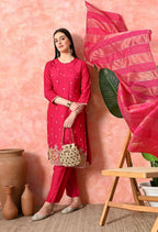 Joban Fashion Rani Premium Pure Viscose Print Dola With Handwork Kurta Set | Grocsy