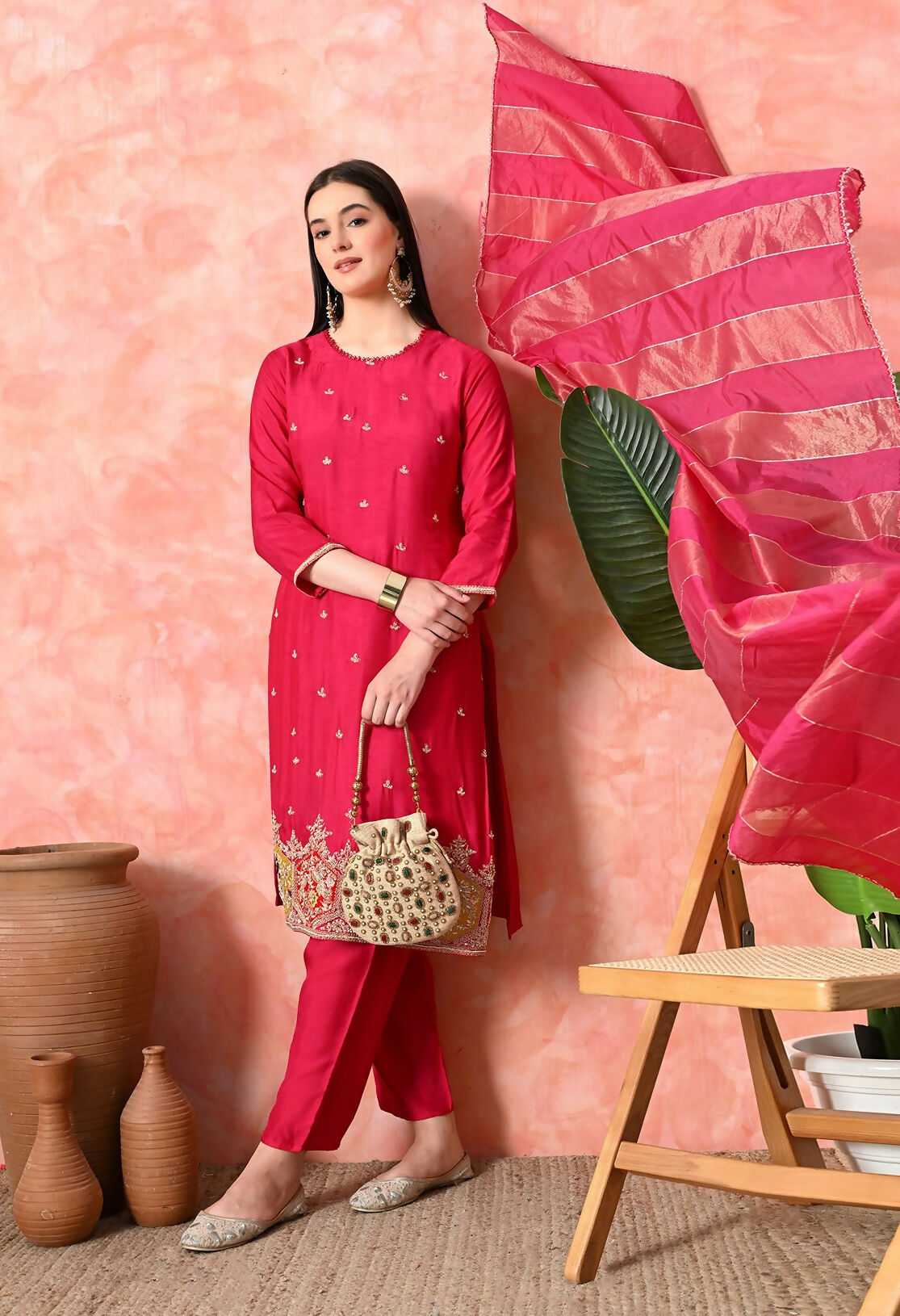 Joban Fashion Rani Premium Pure Viscose Print Dola With Handwork Kurta Set | Grocsy