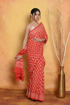 Very Much Indian Handblock Printed Cotton Saree With Natural Dyes - Orange | Grocsy