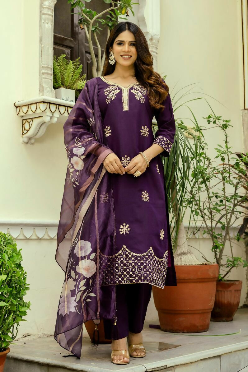 The52 Wine Women's Beautiful Viscose Chanderi Fabric Thread Work Straight Kurta Pant and Dupatta Set | Grocsy