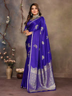 Joban Fashion Royal Blue Floral Motifs Banarasi Silk Sarees | Grocsy