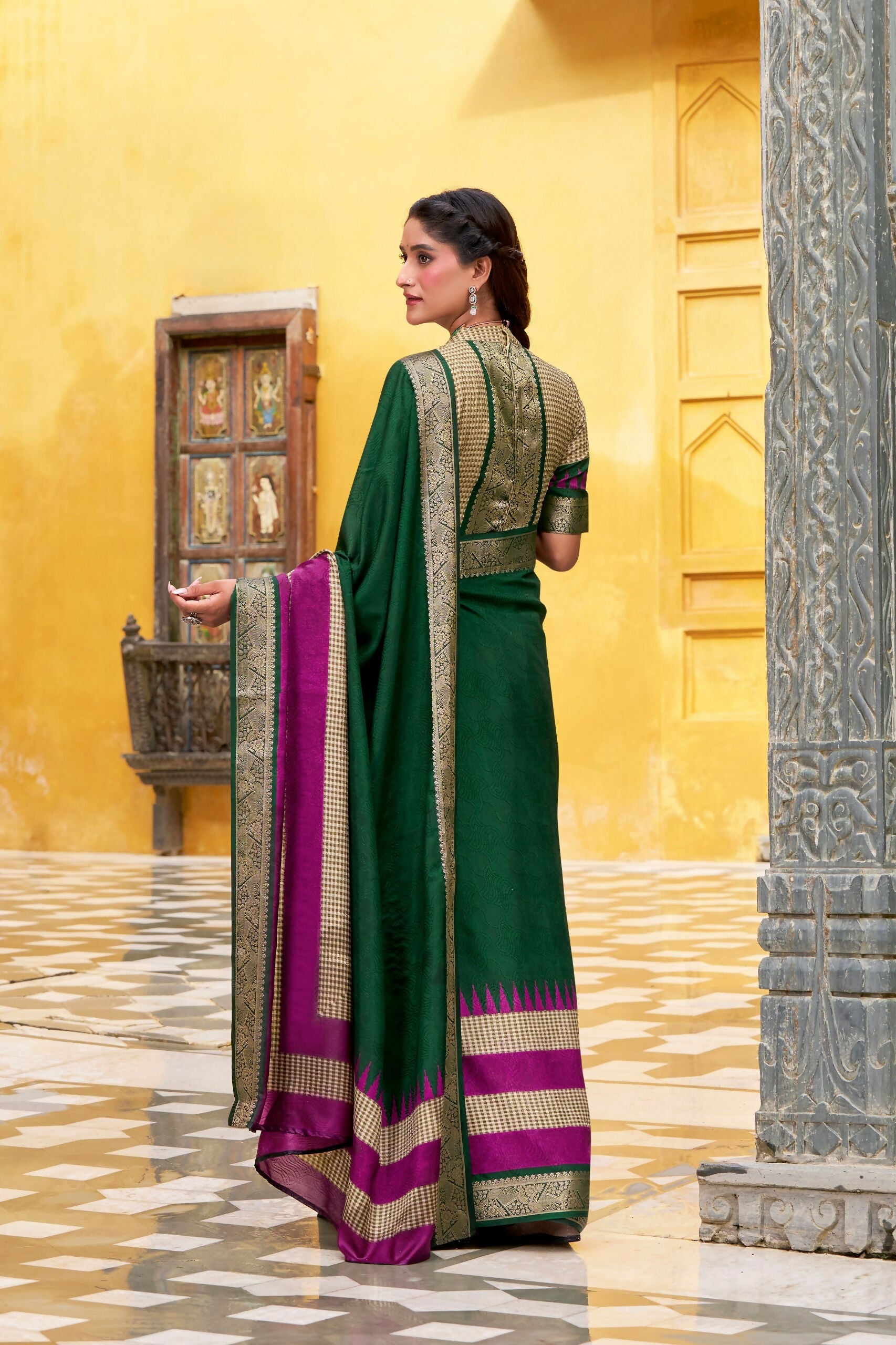 Vastranavya Green Printed with Zari Weaving Work Poly Cotton Saree & Unstitched Blouse | Grocsy