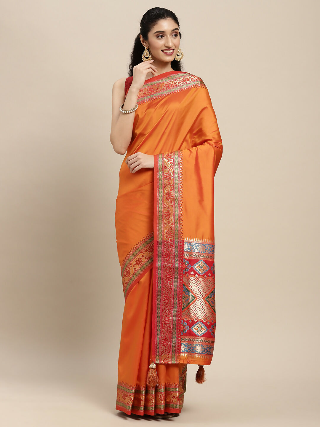 Shree Shyam Fashion Silk Blend Ornage Saree | Grocsy