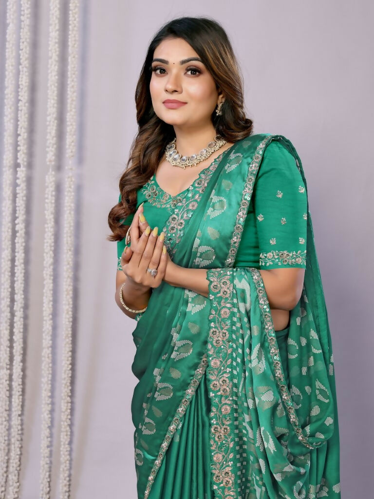 Green Gajji Silk Cord Jari Thread Stone Sequence Saree - Norita Saumya | Grocsy