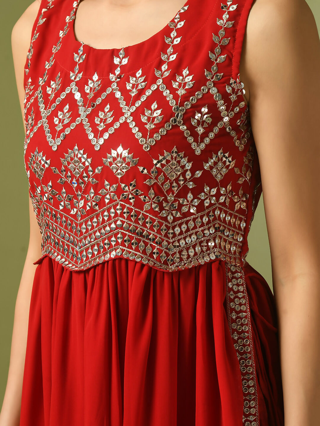 Myshka Women's Red Embroidered Georgette Anarkali Party Kurta Set | Grocsy