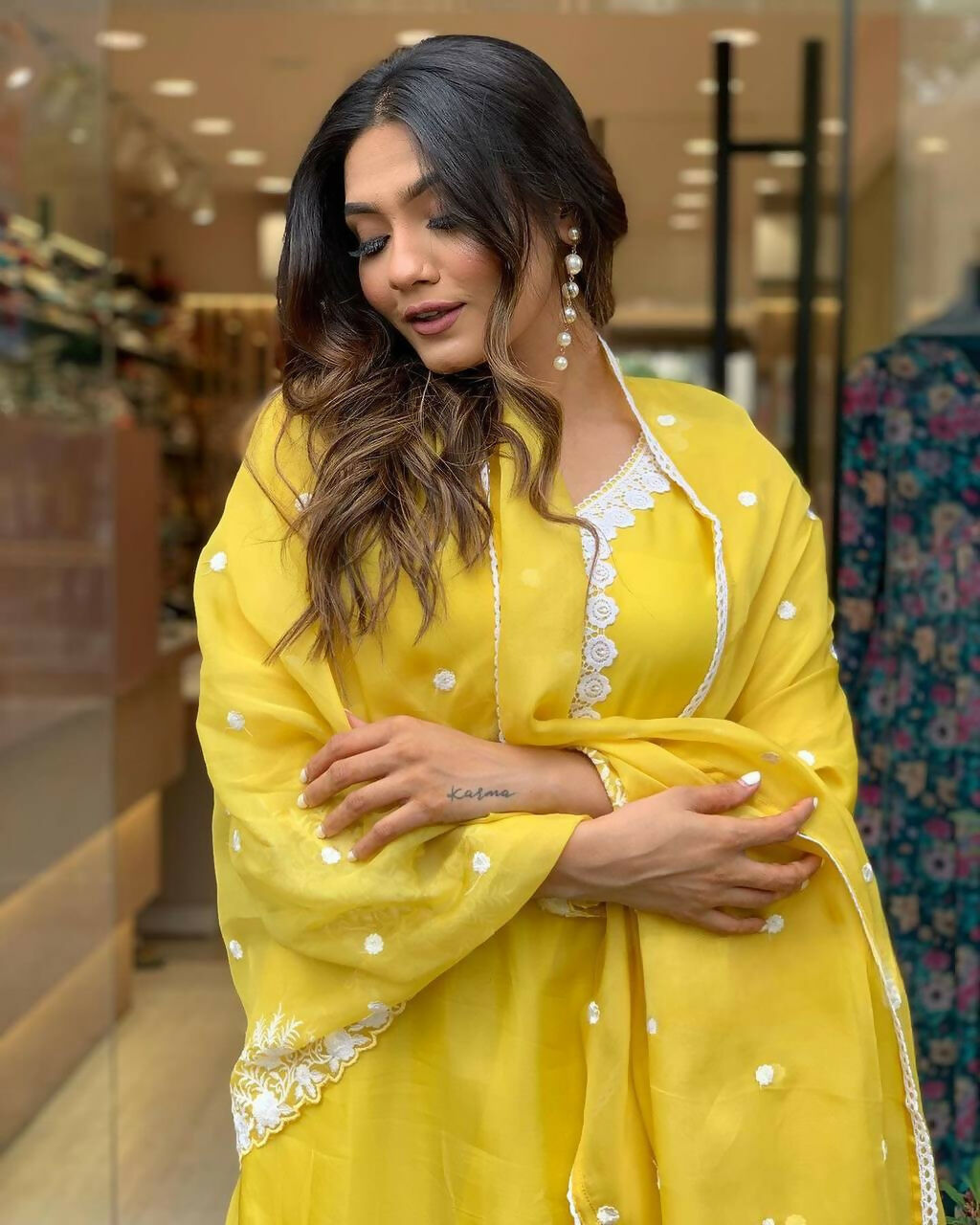 The52 Yellow Women's Gorgeous Embroidered Georgette Fabric Straight Kurta Pant with Dupatta Set | Grocsy