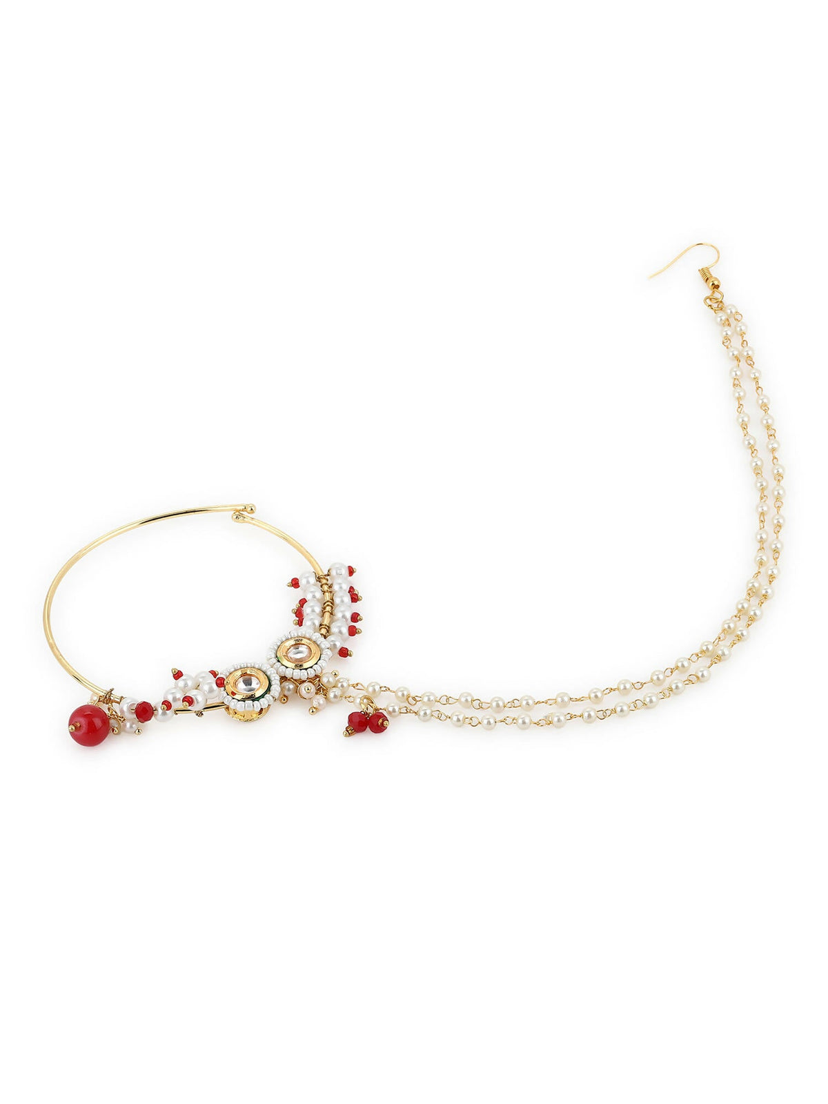 Gold-Polished White Red Kundan Studded Beaded Chained Nose Ring - Ruby Raang | Grocsy