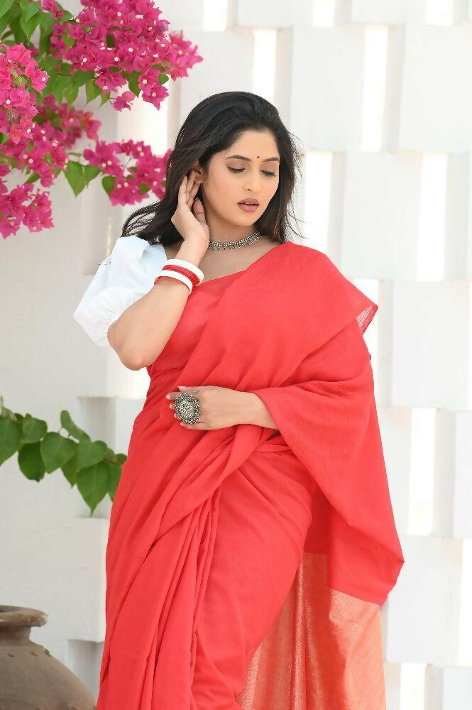 Beatitude Red Cotton Ghicha Pallu Saree | Grocsy