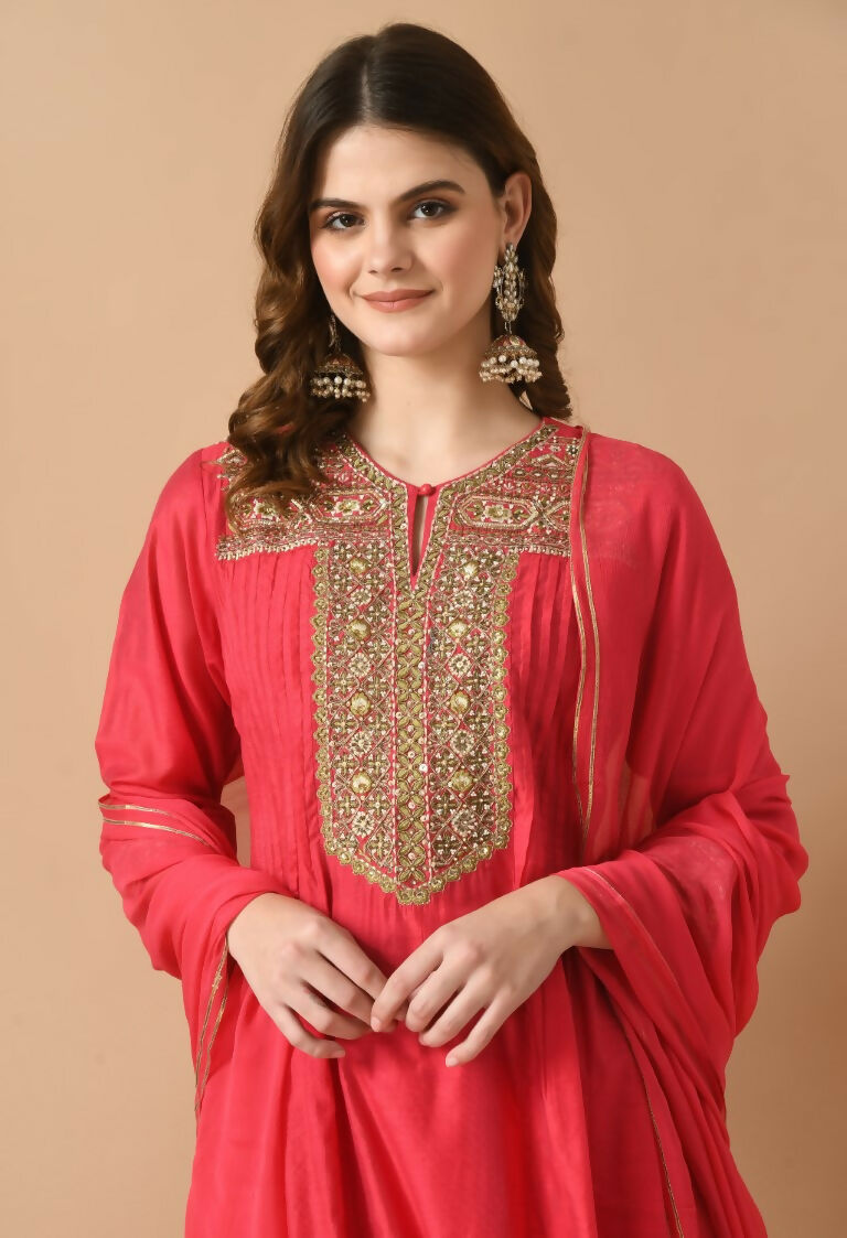 Joban Fashion Red Chanderi Kurta Set | Grocsy