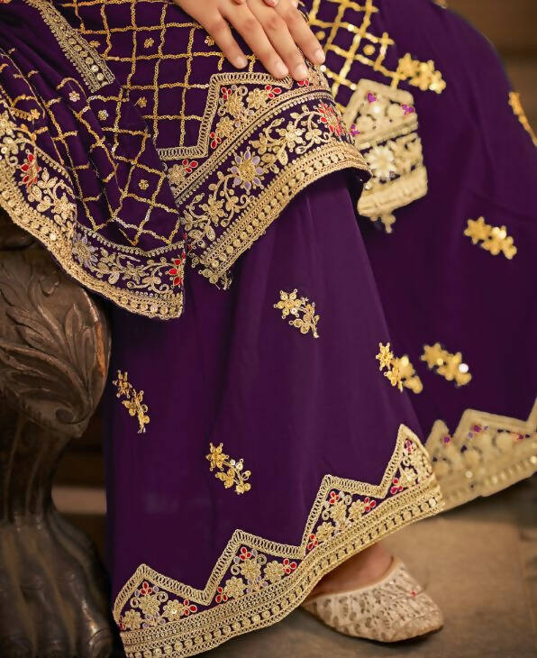 Purple Heavy Chinon Semi Stitched Kurta with Bottom & Dupatta - Dhvani | Grocsy