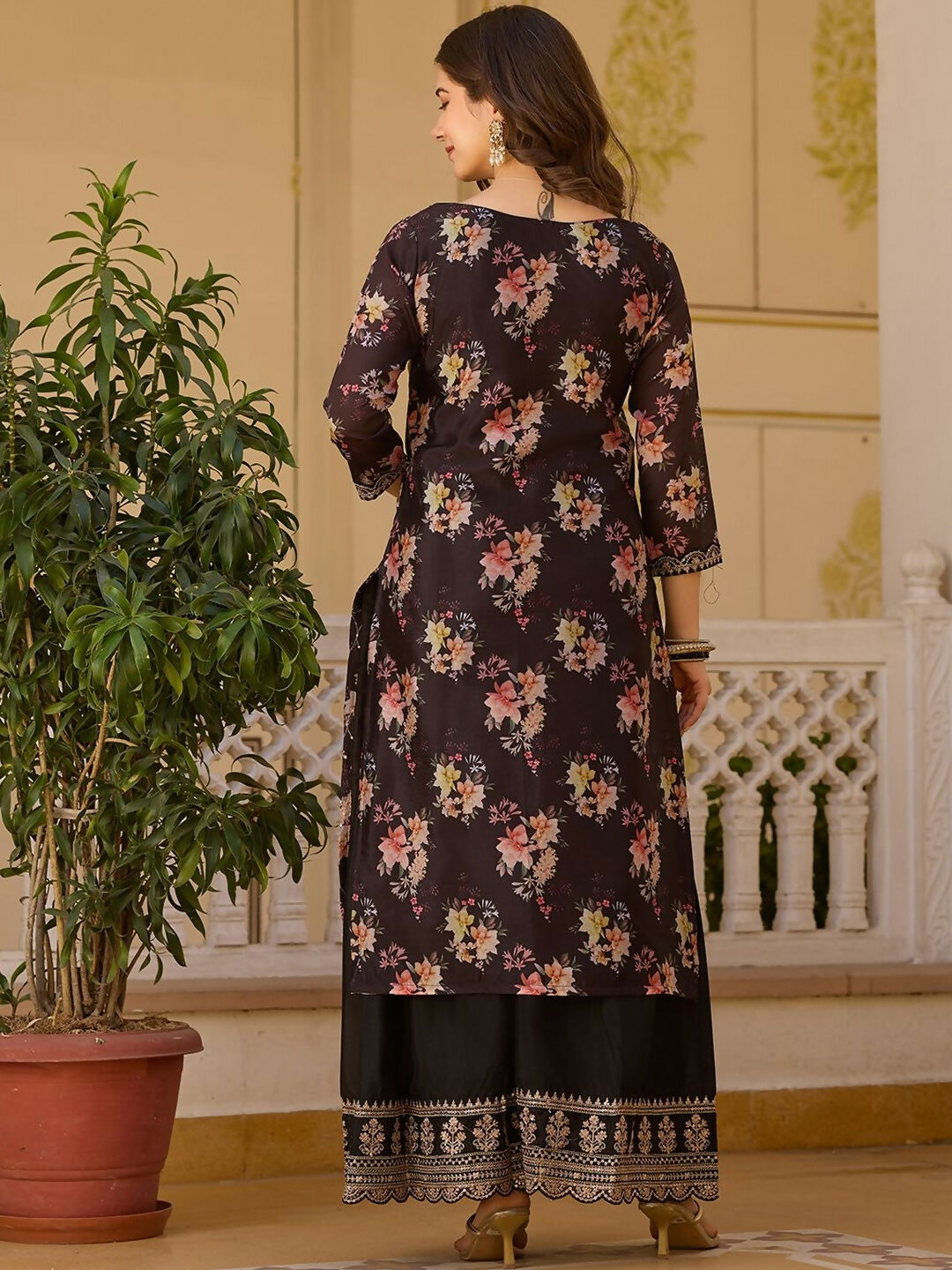 The52 Black Women's Gorgeous Embroidered Chinon Fabric Straight Kurta Palazzo and Dupatta Set | Grocsy