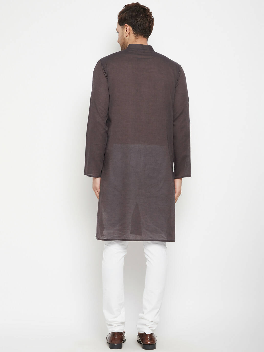 Even Apparels Brown Pure Cotton Long Men's Kurta With Band Collar | Grocsy