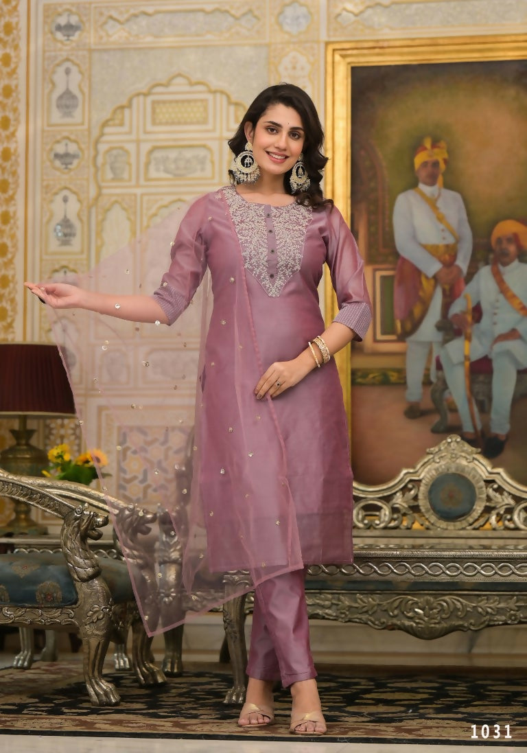 Partywear Designer Rose gold Cotton Silk Stitched Suit With Dupatta - Tanisha | Grocsy