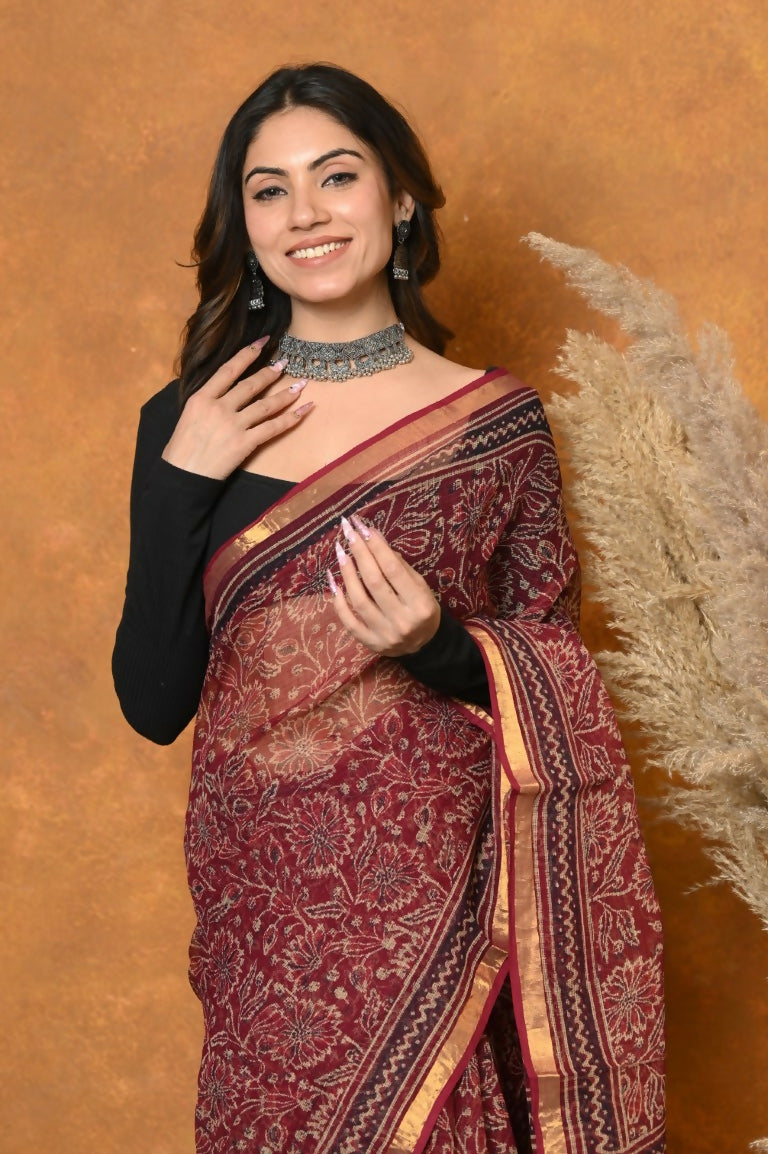 Very Much Indian Pure Kota Cotton Handblock Printed Saree - Red | Grocsy
