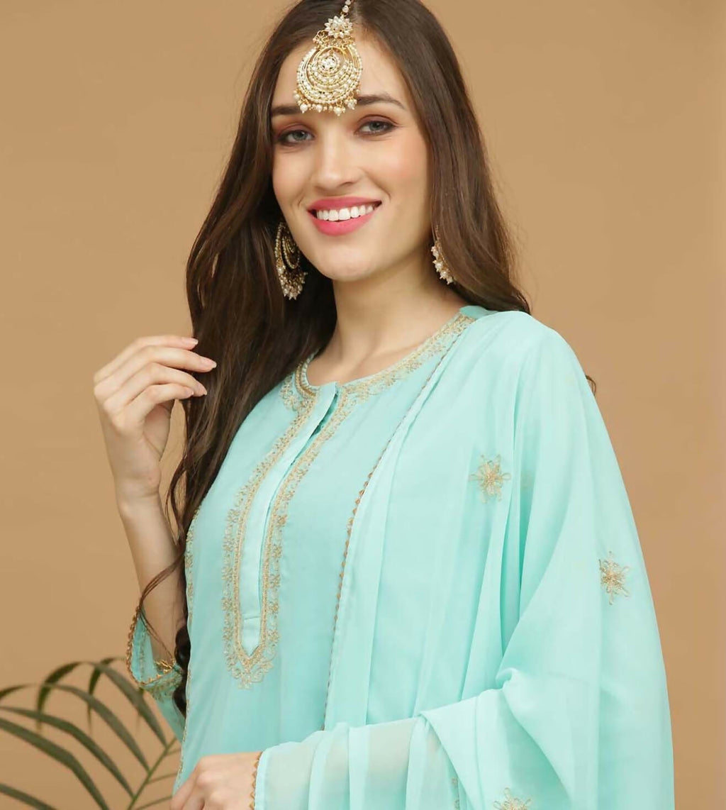Joban Fashion Turquoise Georgette Lehenga Set | Grocsy