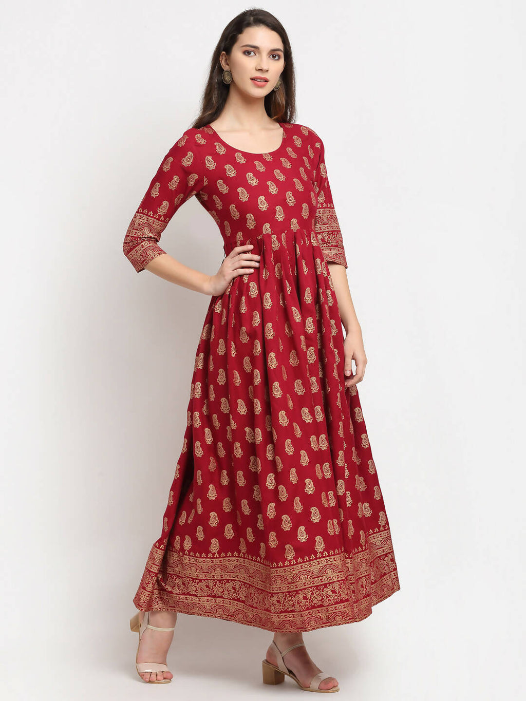 Rudra Bazaar Gold Printed A-Line Kurti | Grocsy