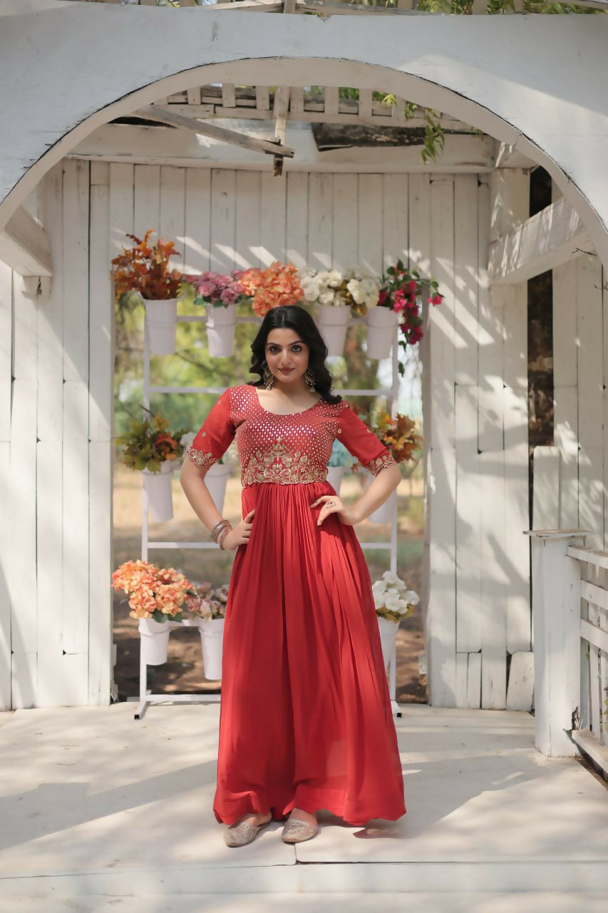 Vastranavya Faux Blooming with Embroidery Zari Sequins-work Gown - Orange | Grocsy