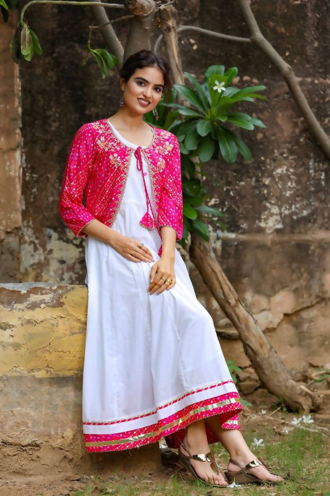 Yufta White and Pink Dress with Ethnic Jacket | Grocsy