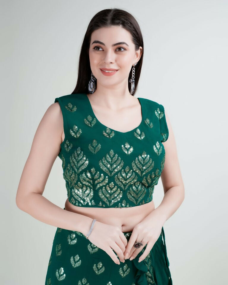 Green Georgette Sequence Embroidered Lehenga Choli with Dupatta - Tanya | Grocsy