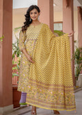 Kaajh Women's Yellow Floral Embroidered Cotton Kurta Pant Set With Dupatta | Grocsy