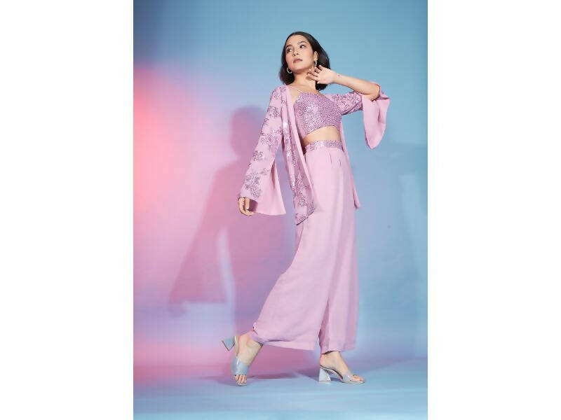 Pink Georgette Sequence With Thread Designer Co-Ord Set - Flory | Grocsy