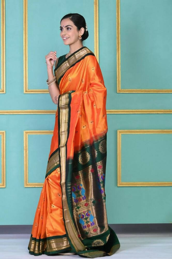 Very Much Indian Authentic Pure Silk Handloom Orange Maharani Paithani | Grocsy