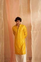 Yellow Viscose Chikankari Embroidery Work Men's Traditional Kurta Set - Mahotsav | Grocsy