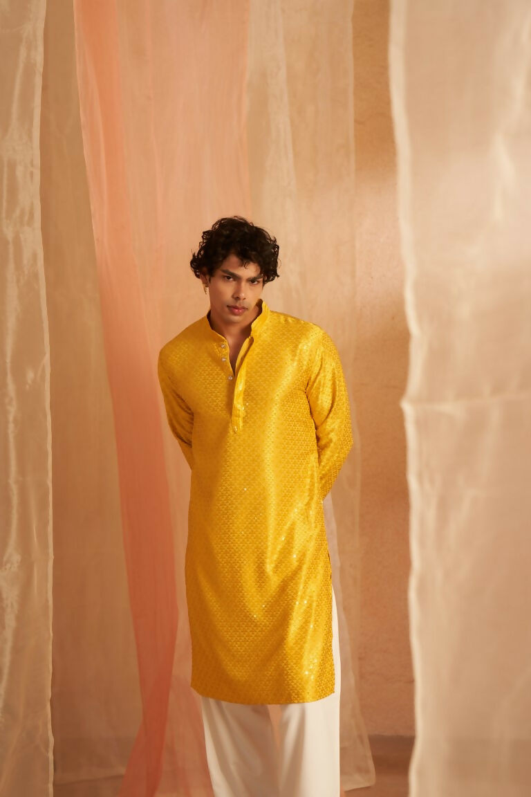 Yellow Viscose Chikankari Embroidery Work Men's Traditional Kurta Set - Mahotsav | Grocsy