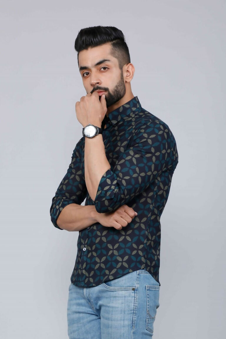 Miravan Men's Blue Floral Print Slim Fit Shirt with Patch Pocket | Grocsy