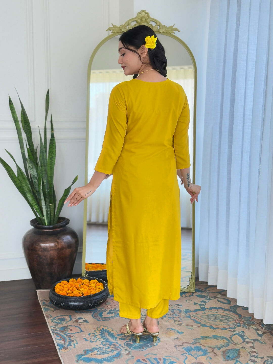 The52 Yellow Women's Beautiful Embroidered Rayon Fabric with Straight Kurta, Pant and Dupatta Set | Grocsy