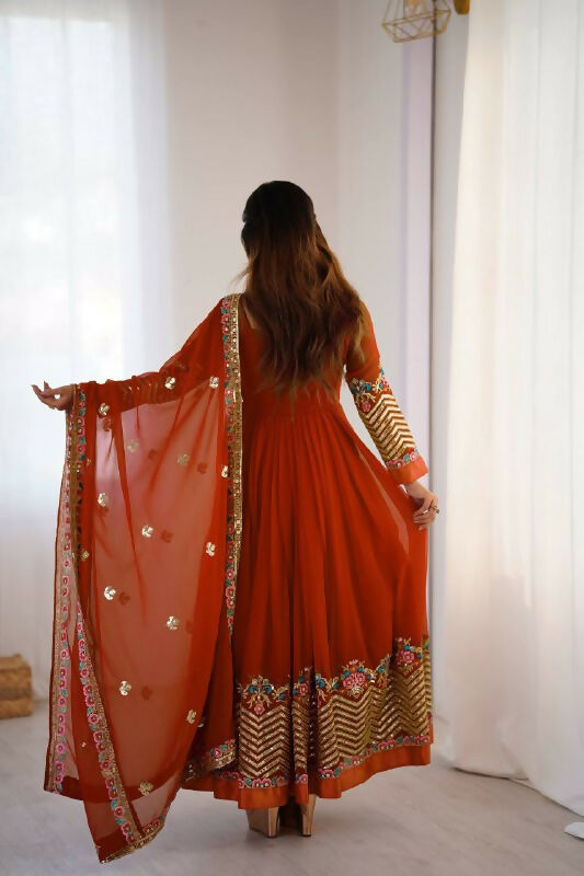 Prazu Fashion Orange Georgette Embroidered Sequence Anarkali Suit | Grocsy