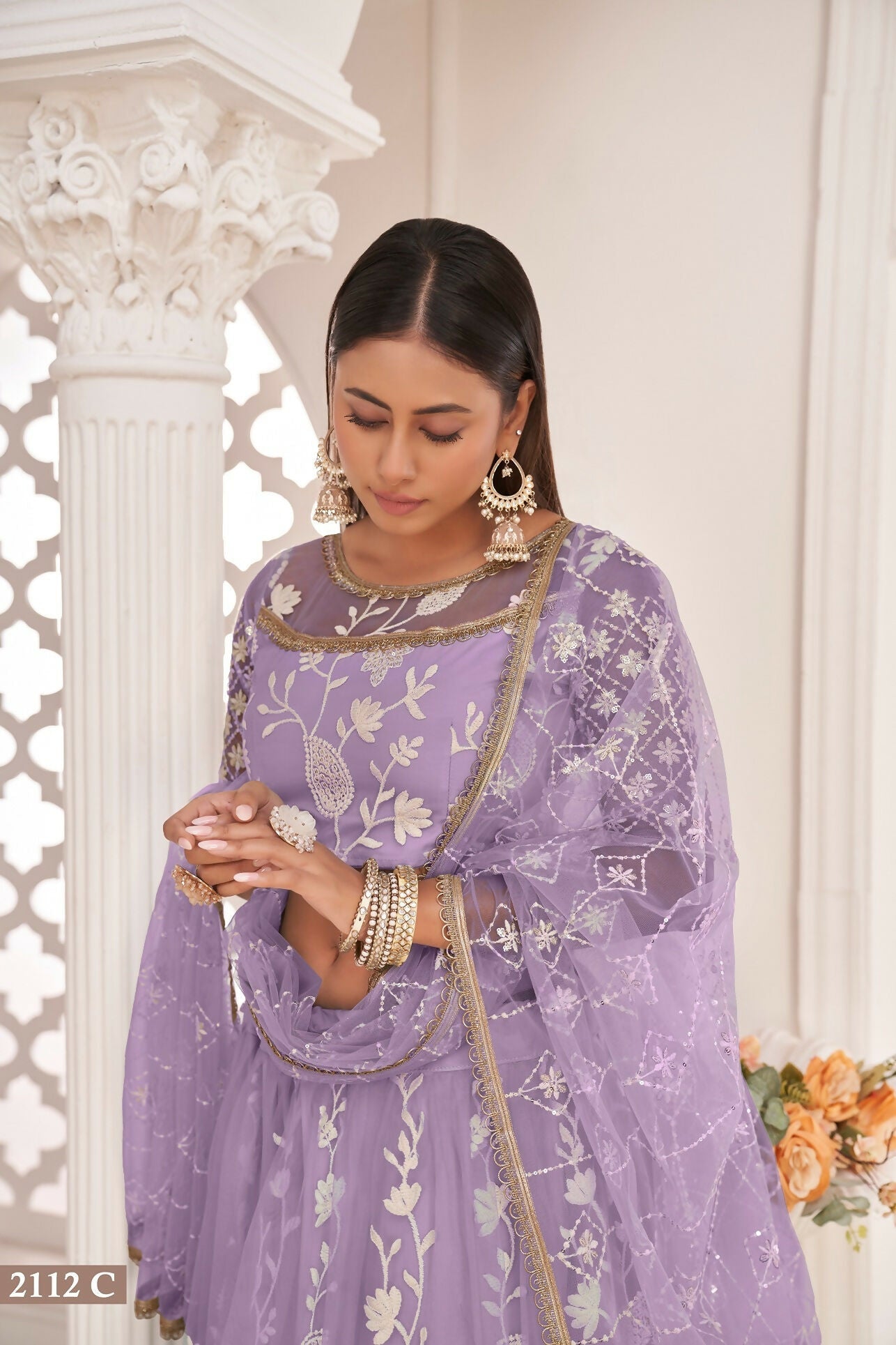 Eilara Women'S Light Purple Butterfly Net White Cotton Thread And Zari Sequence Embroidered Work Lehenga Choli For Party Wear | Grocsy