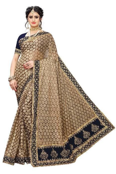Vamika Brown and Black Terry Cotton Embroidery Saree (JHApartyRMAR NAVY) | Grocsy