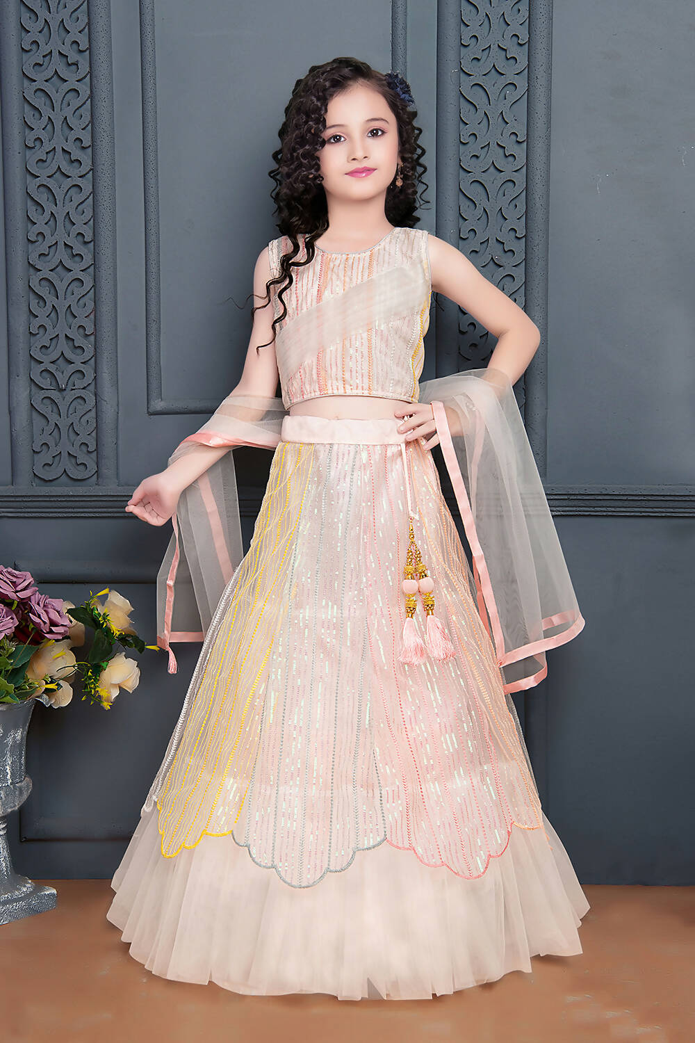 Kids Wedding Designer Light Pink Soft Net Lehenga Choli - Aaradhna | Grocsy