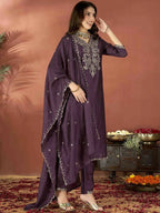 The52 Wine Women's Gorgeous Vichitra Fabric Embroidered Work Straight Kurta Pant and Dupatta Set | Grocsy
