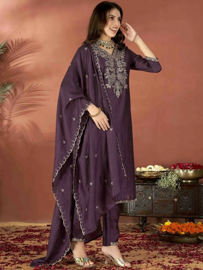 The52 Wine Women's Gorgeous Vichitra Fabric Embroidered Work Straight Kurta Pant and Dupatta Set | Grocsy