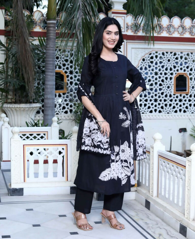 Miravan Women's Black Pintucks Detailing Straight Kurta and Palazzo with Dupatta Set | Grocsy