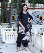 Miravan Women's Black Pintucks Detailing Straight Kurta and Palazzo with Dupatta Set | Grocsy