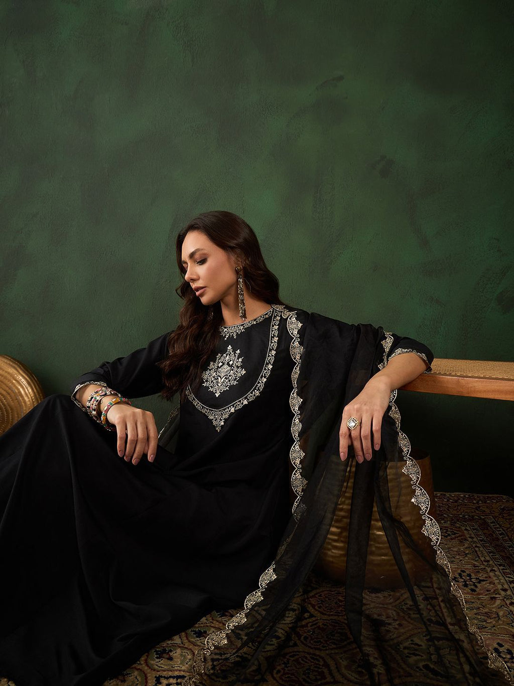 Sangria Black Floral Embroidered Round Neck Zari A-Line Kurta With Trouser & Dupatta | Grocsy