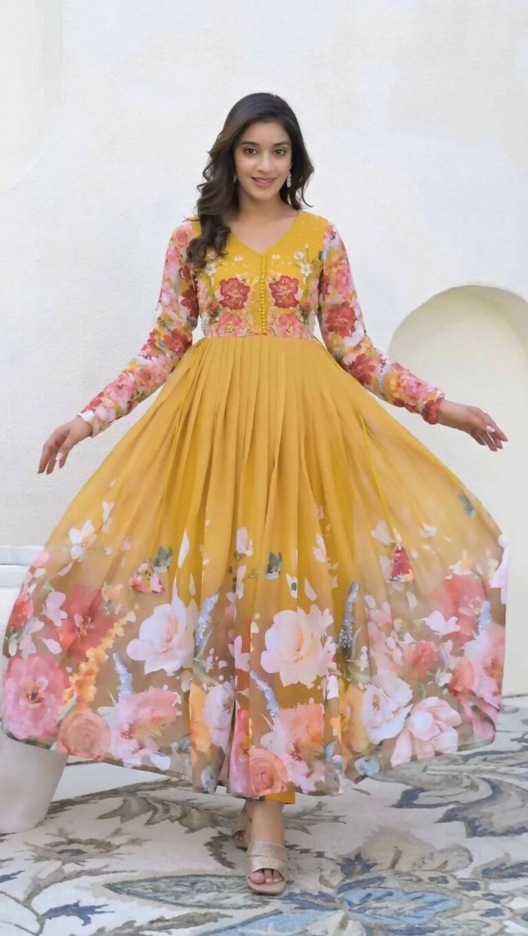 Teeya Creation Yellow Color Faux Georgette Printed Party Wear Gown | Grocsy