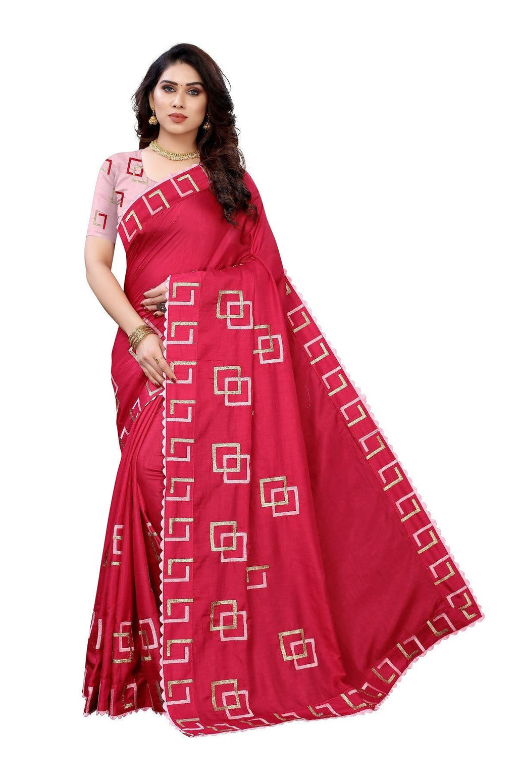 Vamika Red Dola Silk Embroidery Saree (MESHVI PINK) | Grocsy