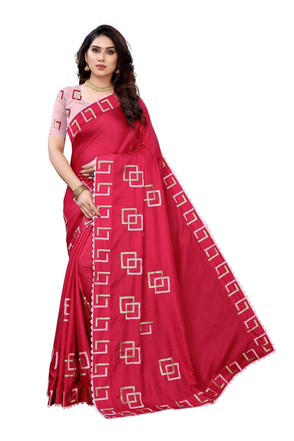 Vamika Red Dola Silk Embroidery Saree (MESHVI PINK) | Grocsy