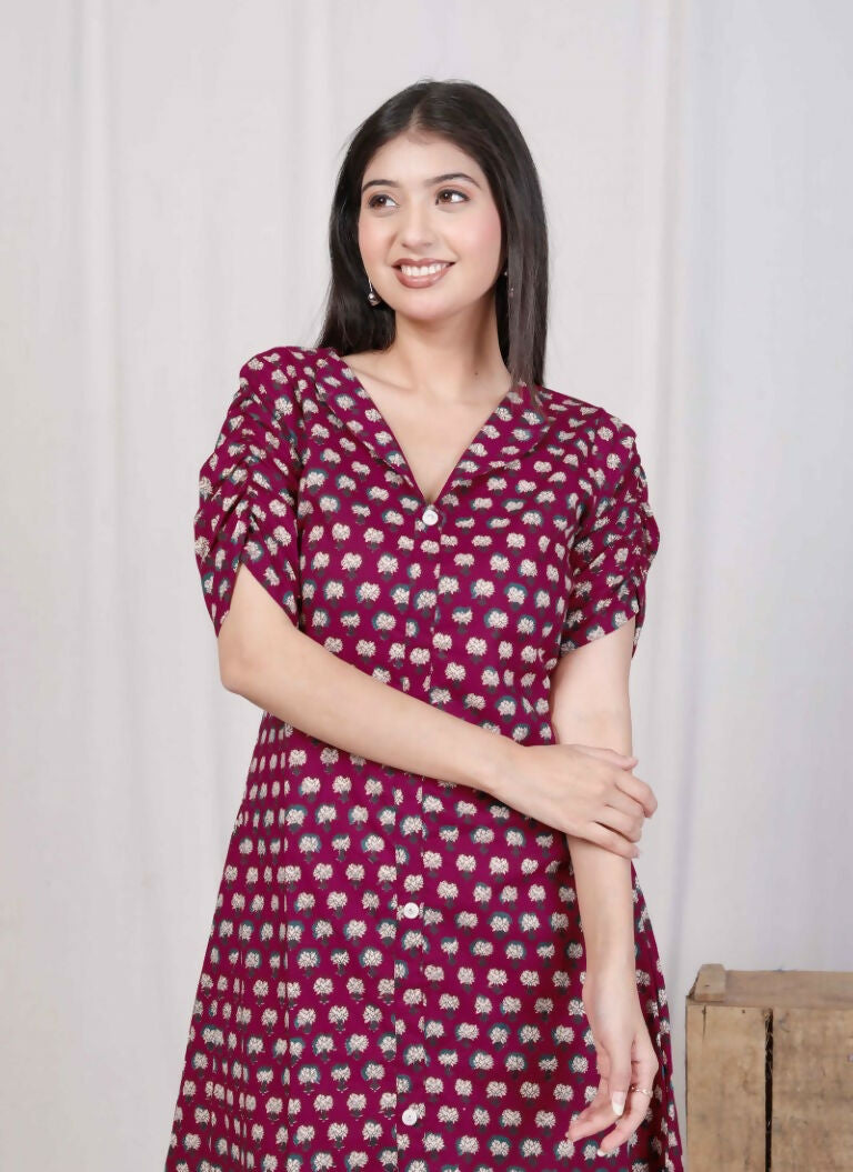 Miravan Women's Relaxed Fit Red Floral Printed A-Line Pure Cotton Midi Dress | Grocsy