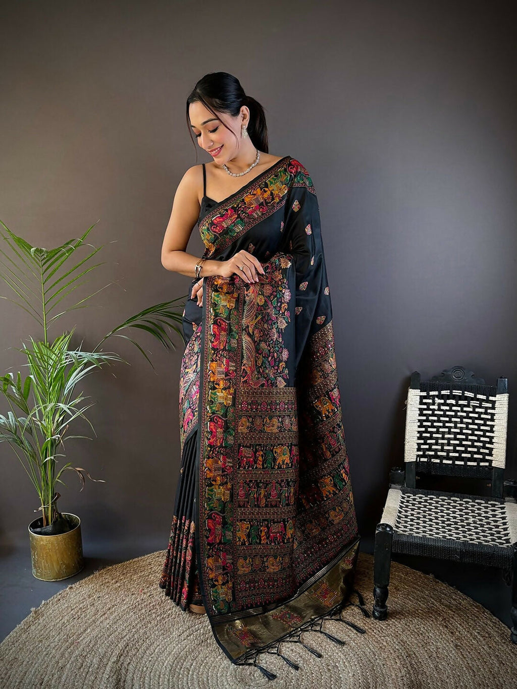 Joban Fashion Black Meena Weaves Pashmina Sarees | Grocsy