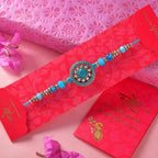 Sea Blue Beads & Stones Rakhi With Kaju Anjeer Barfi Combo | Grocsy