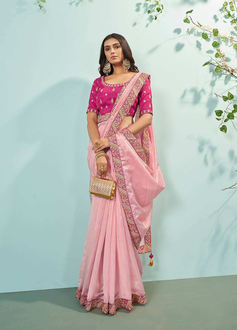 Light Pink Organza Texture Saree With Unstitched Blouse Piece - Norita Ikshita | Grocsy
