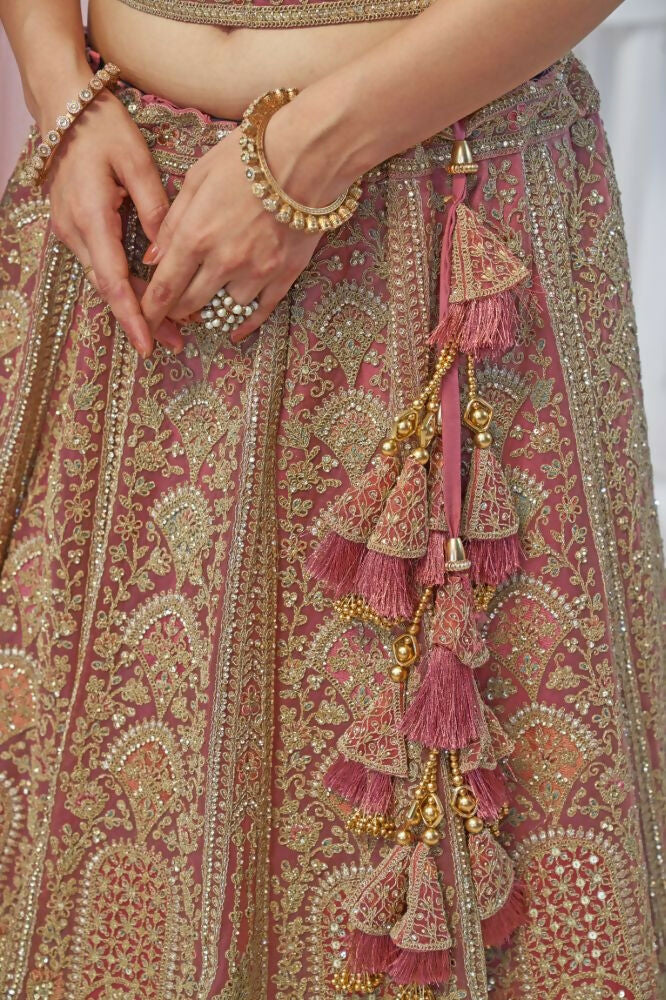 Kesar Fab Onion Net Embroidered Lehenga | Grocsy