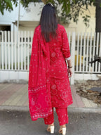 The52 Red Women's Beautiful Rayon Fabric Printed Work Straight Kurta Pant and Dupatta Set | Grocsy