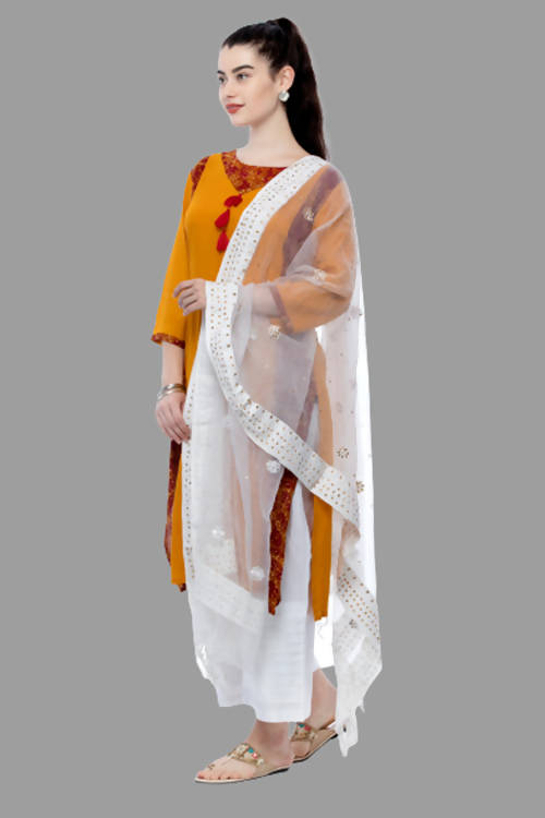 Mominos Fashion White Orgenza Nug Embroidery Dupatta | Grocsy