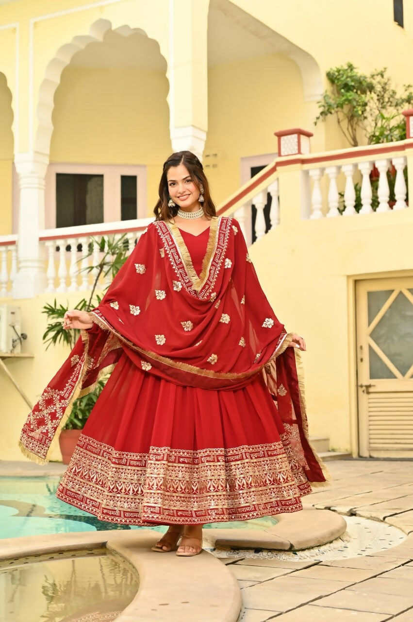 Teeya Creation Red Color Faux Georgette Wedding Wear Embroidery Work Long Gown | Grocsy